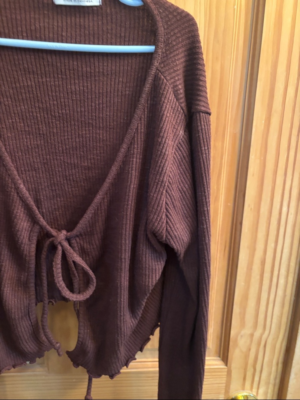 Tie-Front Ribbed Cardigan Sweater - Brown - Picture 4 of 10